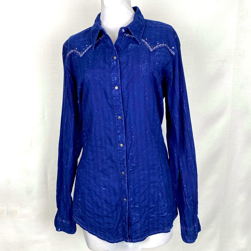 Rock 47 Western Shirt Blue Snap Buttons Large